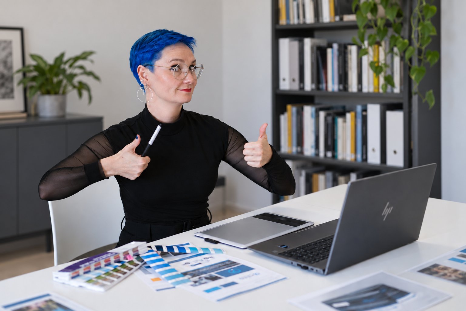 Svetlana Morel bei der Webdesign-Arbeit am Laptop, Pixelblau Reutlingen